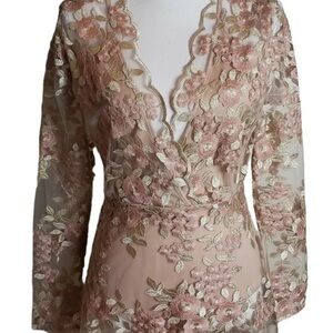 Fashion Nova Blush Pink Flower Goddess  Dress Size Large Maxi Sheer Embroidered